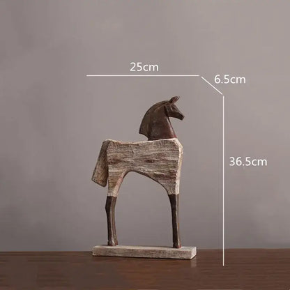 Stylish rustic decorbites horse sculpture with weathered wood finish and dark brown accents on matching wooden base