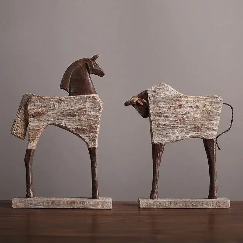 Rustic wood grain horse sculpture and cow figurines with weathered textures and dark brown accents for living room decorbites horse sculpture