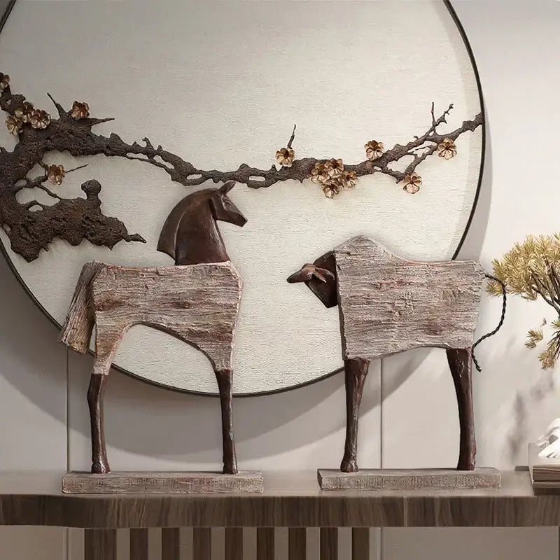 Rustic wood grain horse sculpture and cow figurines with bronze accents on stone bases for living room decorbites horse sculpture