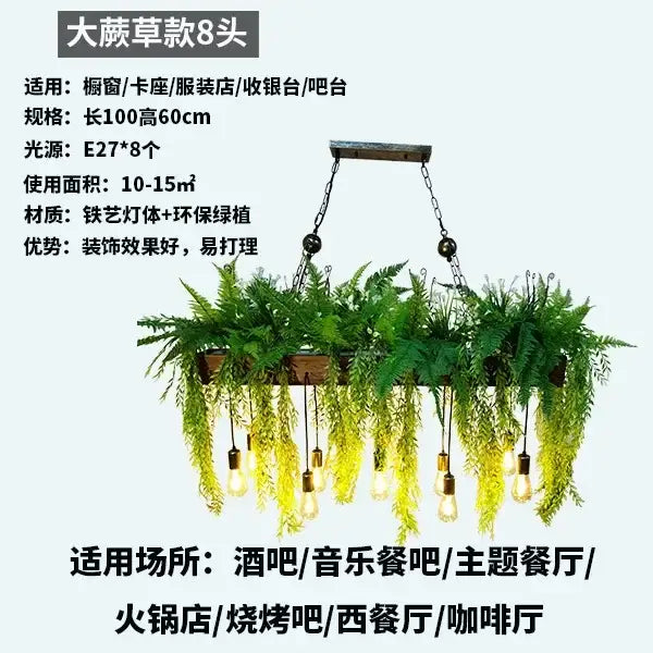 Rustic wood hanging chandelier with green ferns and edison bulbs ideal for dining room or bar hanging chandeliers