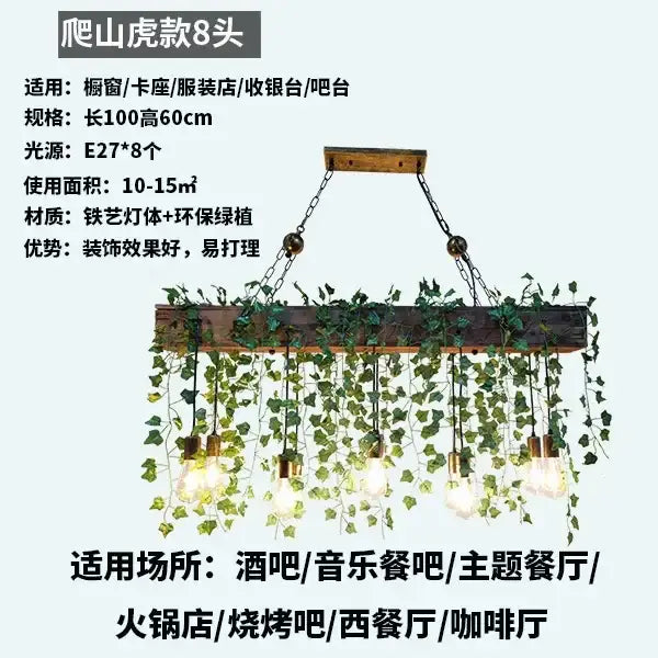 Rustic wood hanging chandeliers with eight exposed edison bulbs and green ivy for dining room or bar hanging use