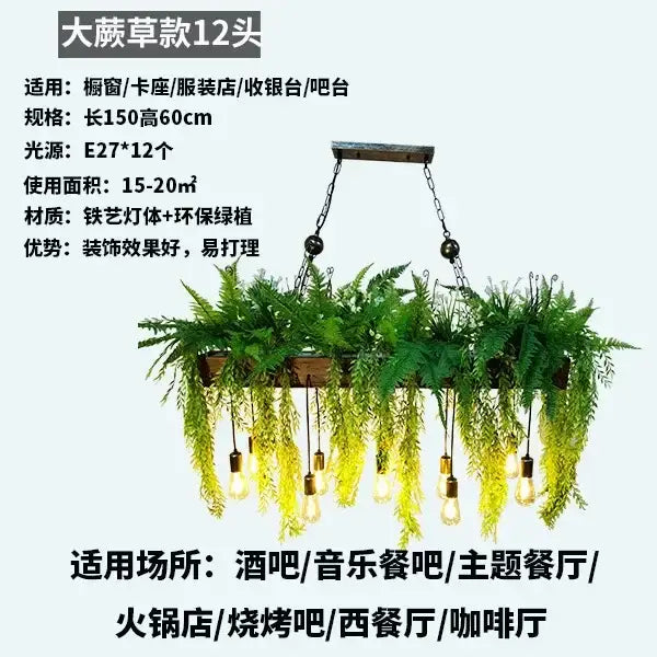 Rustic wood hanging chandelier with green fern details iron chains and 12 edison bulbs ideal for bar hanging chandeliers