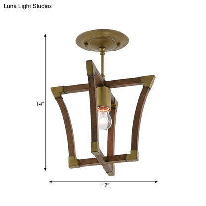 DecorBites™ DecorBites™ Rustic Wood Interlocking Trapezoid Cage Semi Flush Mount Ceiling Light