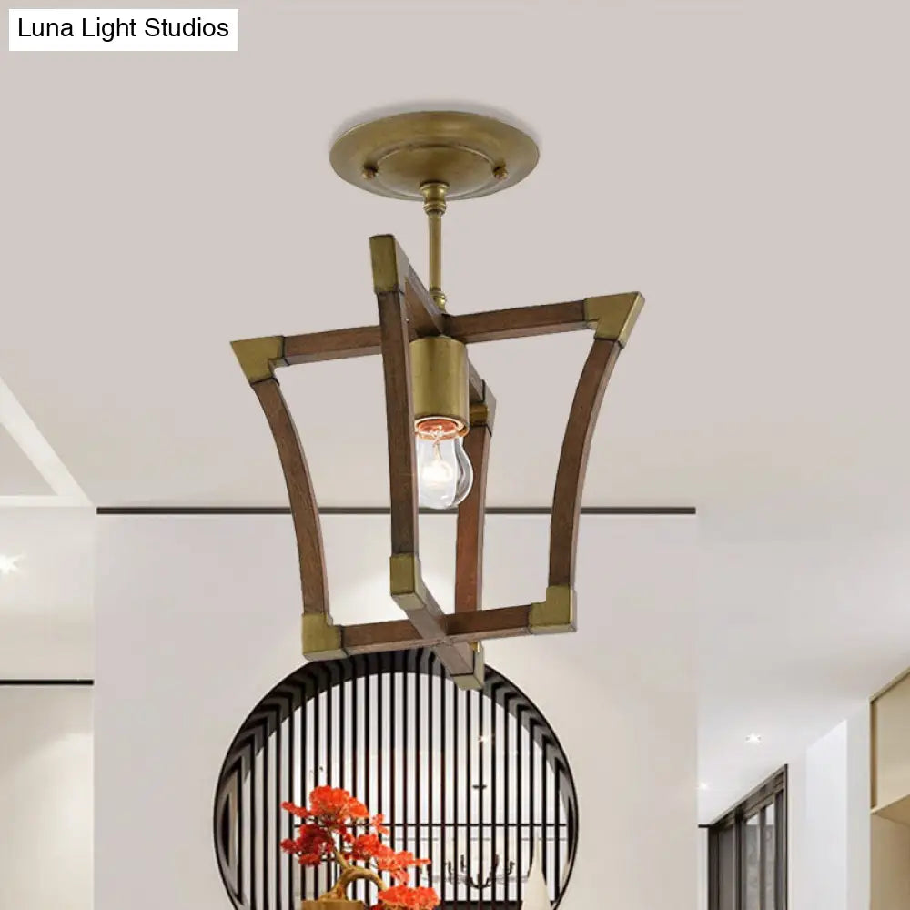 DecorBites™ DecorBites™ Rustic Wood Interlocking Trapezoid Cage Semi Flush Mount Ceiling Light