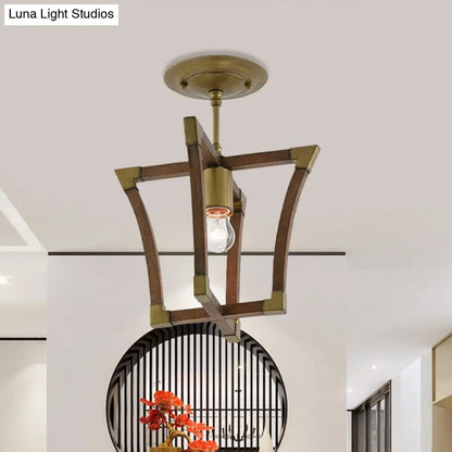 DecorBites™ DecorBites™ Rustic Wood Interlocking Trapezoid Cage Semi Flush Mount Ceiling Light