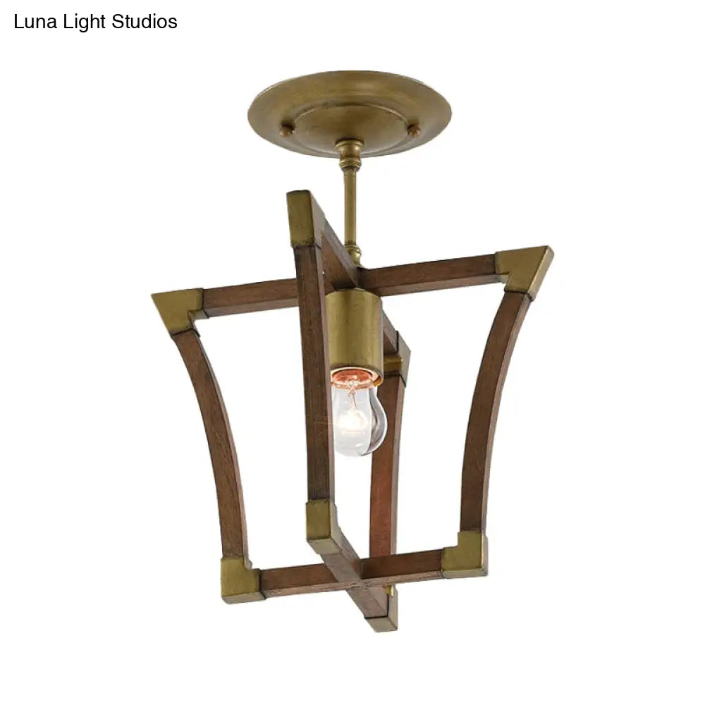 DecorBites™ DecorBites™ Rustic Wood Interlocking Trapezoid Cage Semi Flush Mount Ceiling Light