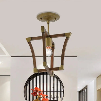 DecorBites™ DecorBites™ Rustic Wood Interlocking Trapezoid Cage Semi Flush Mount Ceiling Light