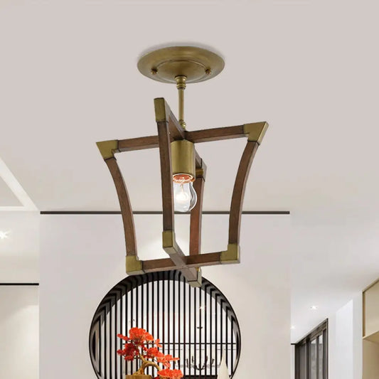 DecorBites™ DecorBites™ Rustic Wood Interlocking Trapezoid Cage Semi Flush Mount Ceiling Light