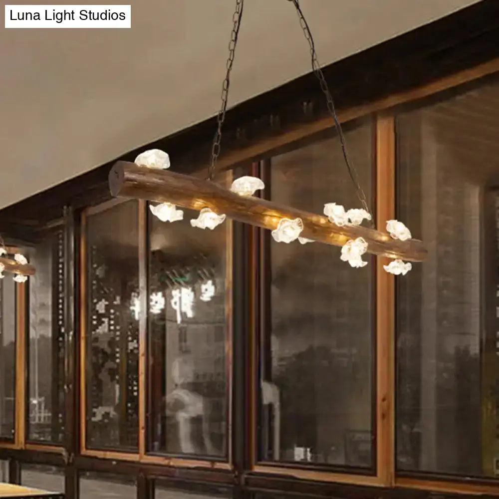 Rustic wood log hanging lamp with white flower-shaped globe lights for kitchen chandelier lighting