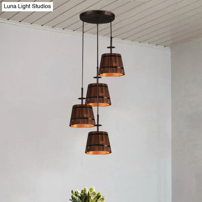 Rustic Wood Pendant Light with 4 Coolie-Shade Heads for Restaurants - Brown