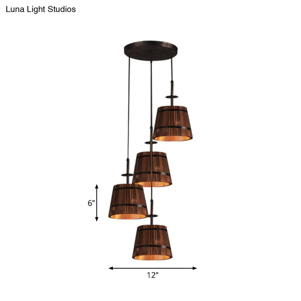 Rustic Wood Pendant Light with 4 Coolie-Shade Heads for Restaurants - Brown