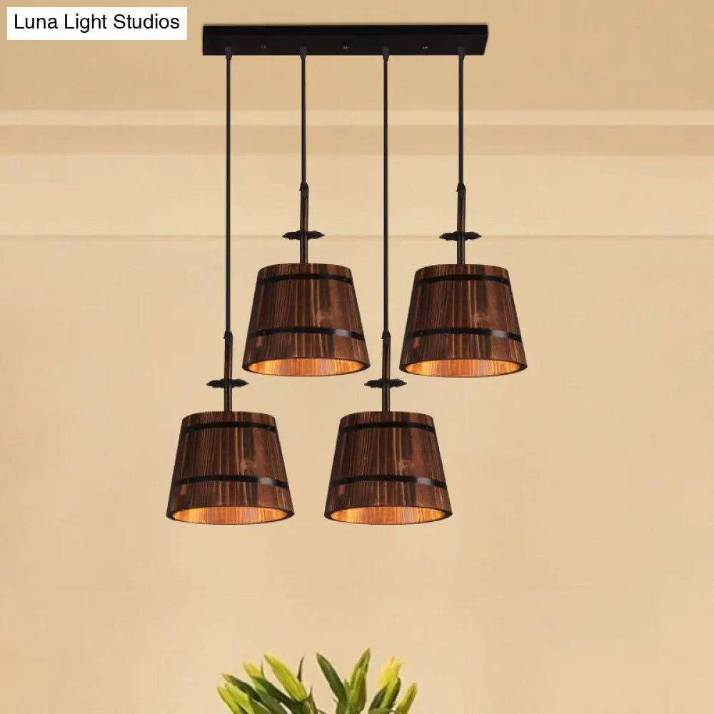 Rustic Wood Pendant Light with 4 Coolie-Shade Heads for Restaurants - Brown