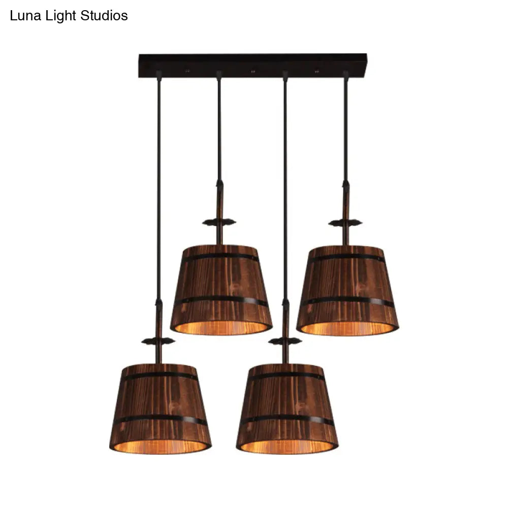 Rustic Wood Pendant Light with 4 Coolie-Shade Heads for Restaurants - Brown