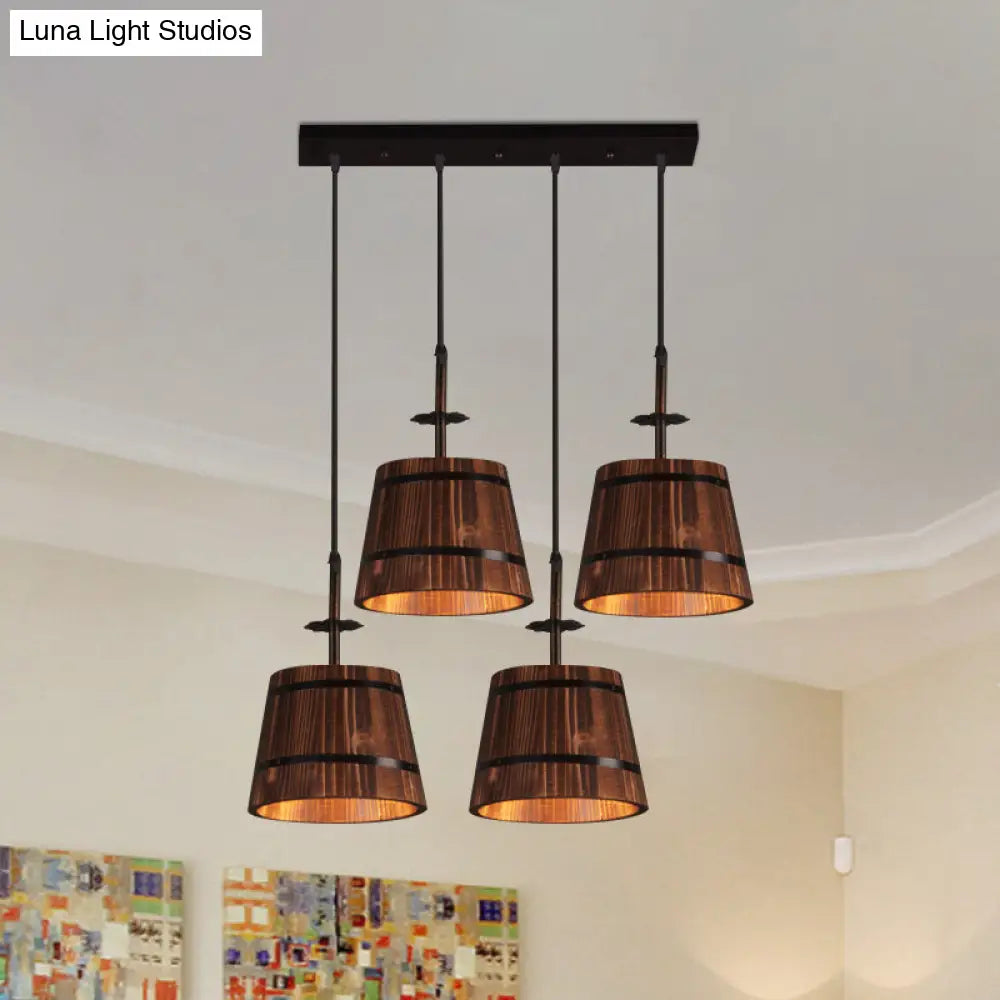 Rustic Wood Pendant Light with 4 Coolie-Shade Heads for Restaurants - Brown