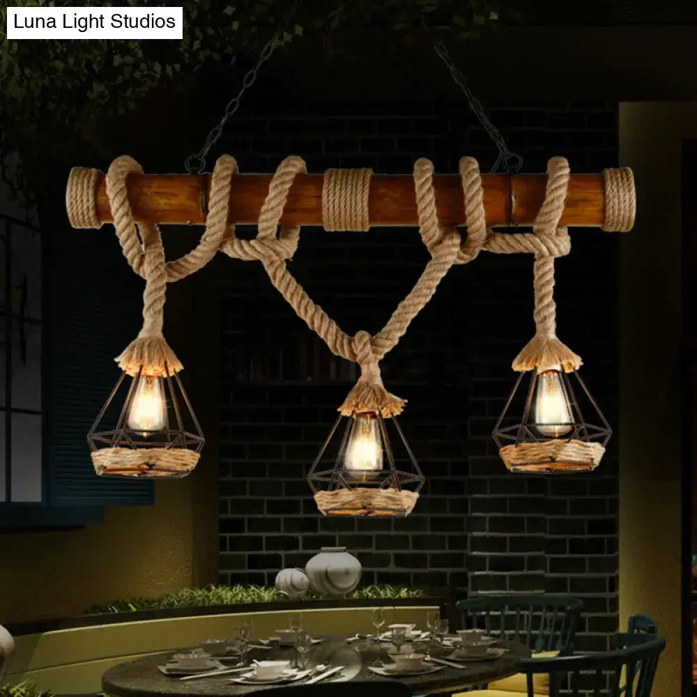 Rustic wooden beam pendant light with beige rope wrapping and three hanging wire cage lanterns for kitchen island lighting