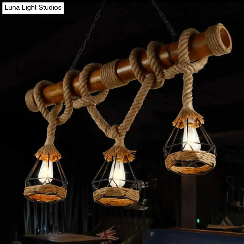Rustic wooden beam 3 light island pendant kitchen light with beige rope detailing and woven wicker lanterns