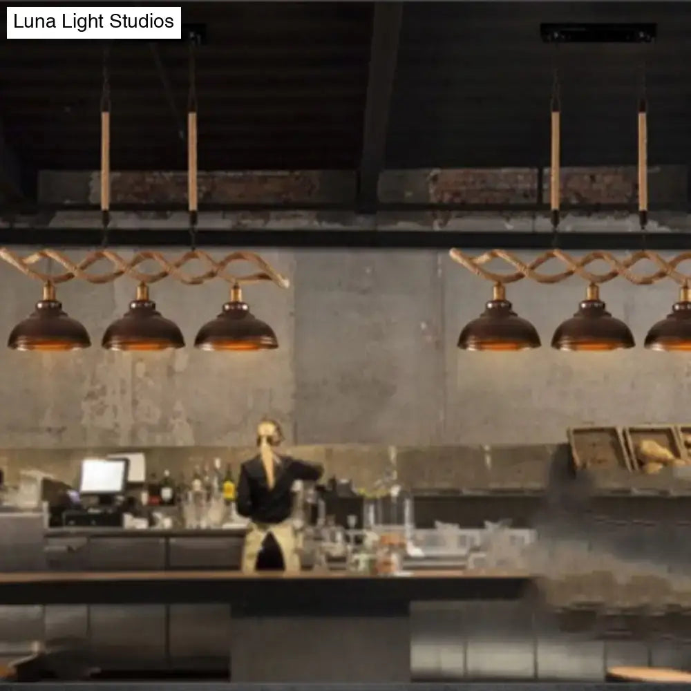 Industrial-style 3 light island pendant kitchen light with bronze metal shades and twisted copper suspension arms