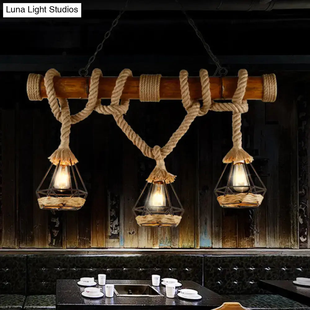 Rustic wooden beam 3 light island pendant kitchen light with beige rope detailing and diamond shaped metal cages