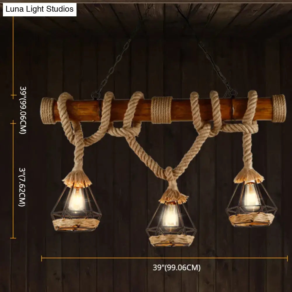 Rustic wooden beam and beige rope 3 light island pendant kitchen light with three geometric glass lanterns