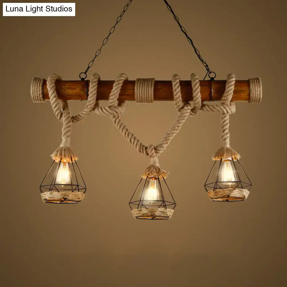 Rustic wooden beam and beige rope 3 light island pendant kitchen light with natural rope wrapping and wireframe lanterns
