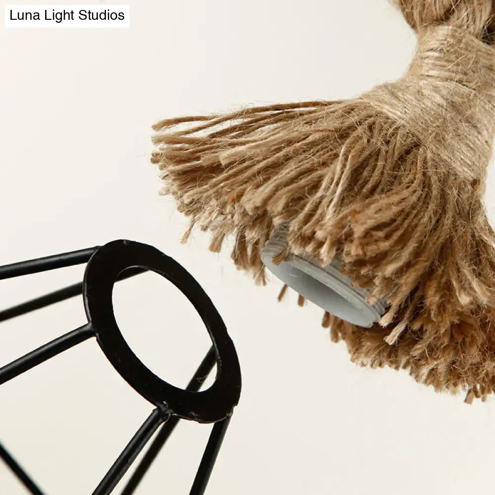 Rustic wooden beam and beige rope 3 light island pendant kitchen light with beige jute tassel on black metal cage