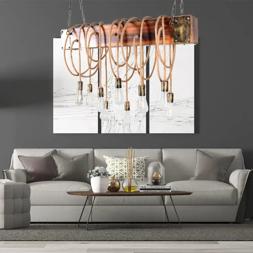 DecorBites™ rustic metal island lighting chandelier with wooden beam black antique brass coiled rope and exposed bulbs