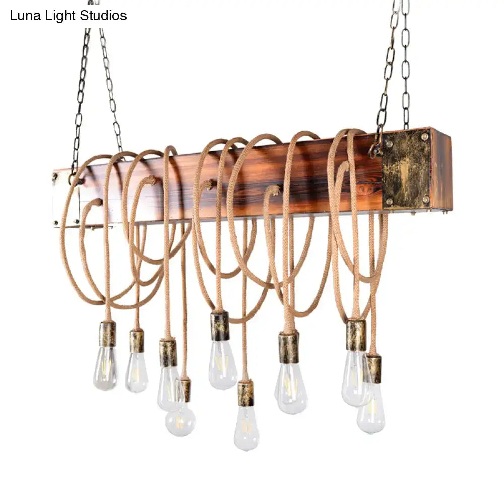 Decorbites™ rustic metal island lighting chandelier with wooden beam coiled rope vintage bulbs in black antique brass