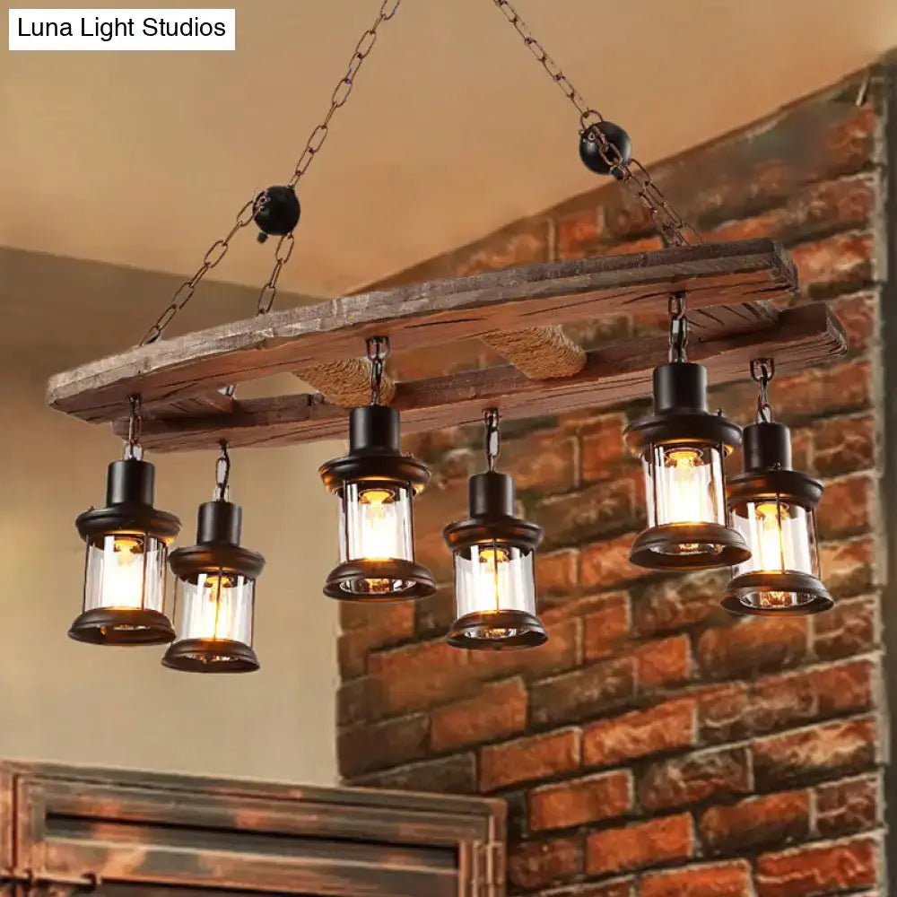 Decorbites rustic 6-light pendant lantern with wooden board featuring five black metal lanterns and clear glass shades 220v-240v 110v-120v