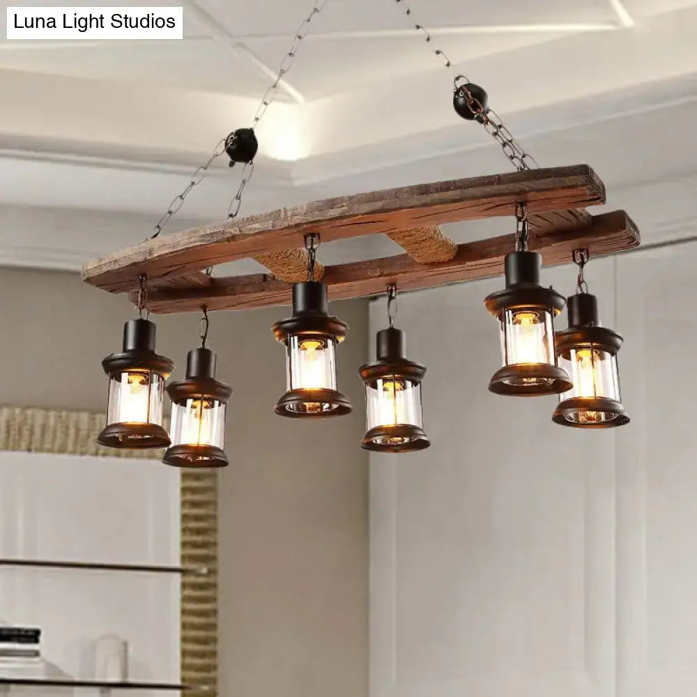 DecorBites rustic 6-light pendant lantern with wooden board features five vintage-style lanterns in black metal and clear glass 220v-240v 110v-120v
