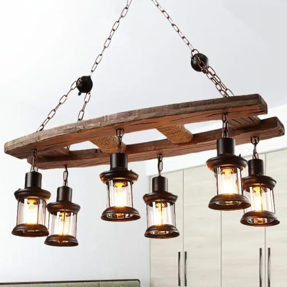 DecorBites™ rustic 6-light pendant lantern with clear glass, black metal frame, and wooden board for 220v-240v 110v-120v use