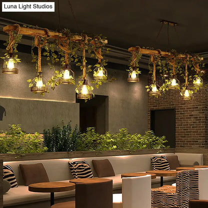 ديكوربايتس™ مصباح جزيرة بني خشبي ريفي مع 5 رؤوس، وغطاء قفص، وقلادة فنية خضراء من اللبلاب