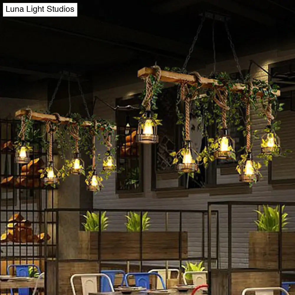 ديكوربايتس™ مصباح جزيرة بني خشبي ريفي مع 5 رؤوس، وغطاء قفص، وقلادة فنية خضراء من اللبلاب