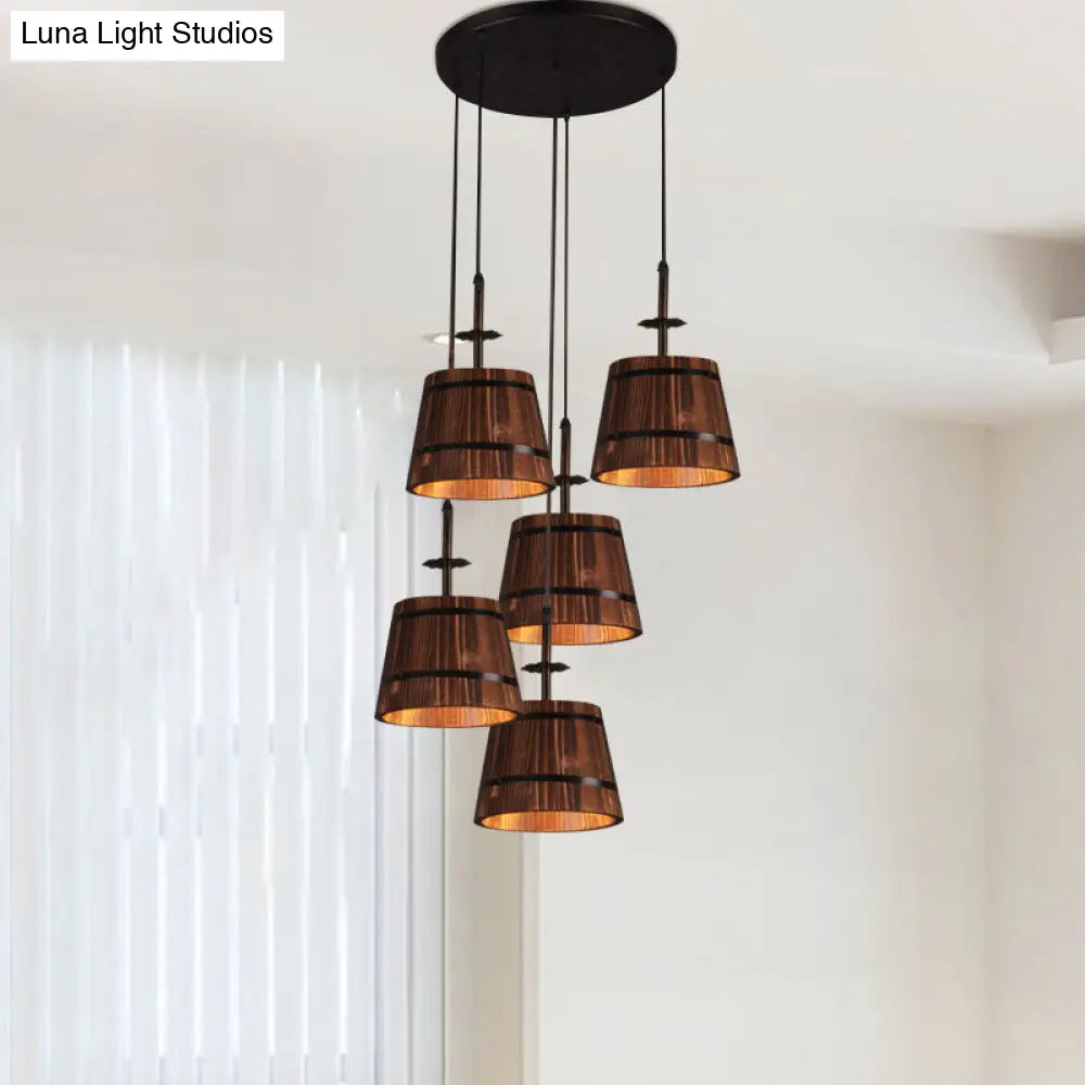 Rustic Wooden Bucket Pendant Light - Café Lodge 4-Light Country Style, Brown