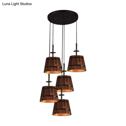 Rustic Wooden Bucket Pendant Light - Café Lodge 4-Light Country Style, Brown