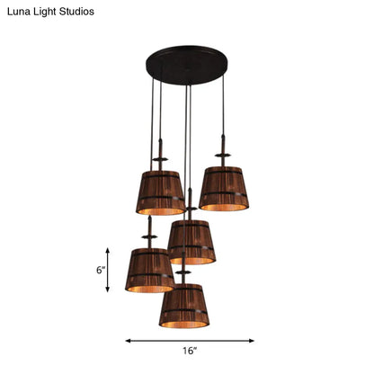 Rustic Wooden Bucket Pendant Light - Café Lodge 4-Light Country Style, Brown