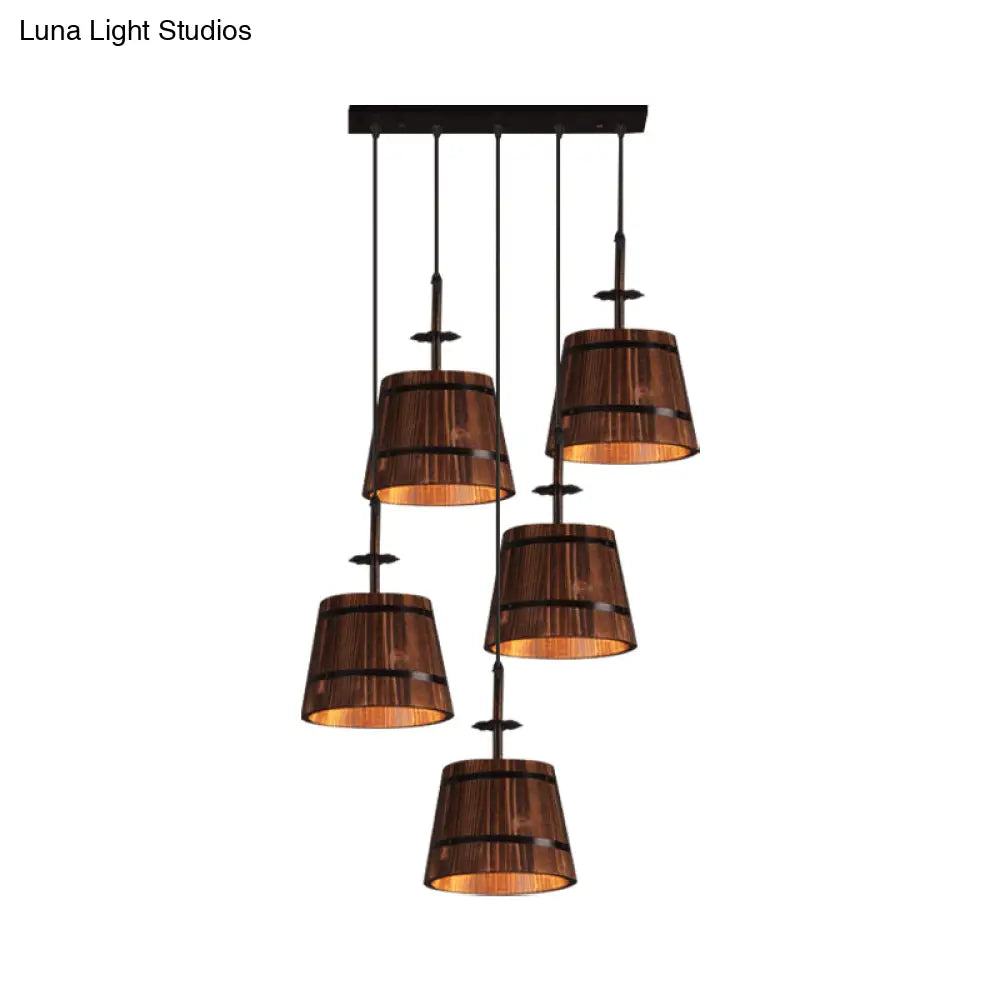 Rustic Wooden Bucket Pendant Light - Café Lodge 4-Light Country Style, Brown