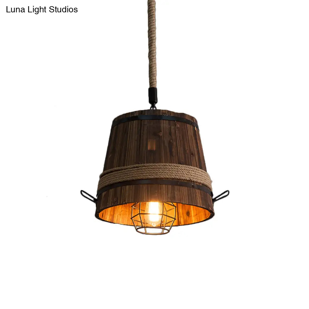 Rustic Wooden Bucket Pendant Light - Stylish Hanging Lamp for Bar