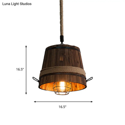 Rustic Wooden Bucket Pendant Light - Stylish Hanging Lamp for Bar