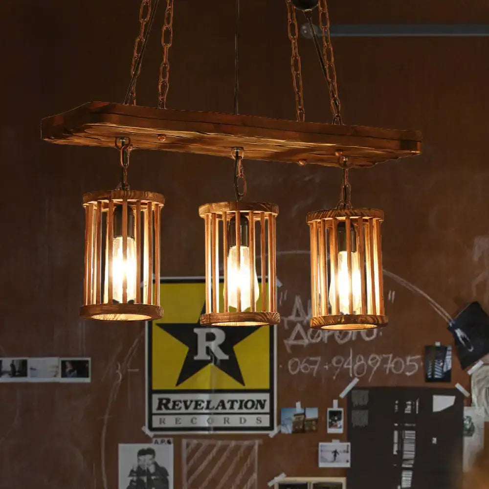 Rustic wooden pendant light with three cylinder kitchen island cage bulbs suspended by chain cord length for led incandescent fluorescent use