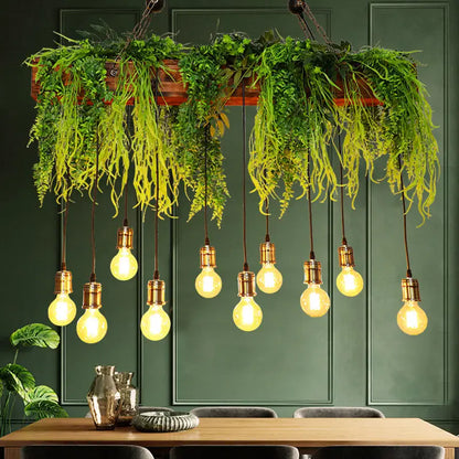 A rustic wooden planter with lush green fern deco hanging from the ceiling paired with e26 e27 fixture height bulbs