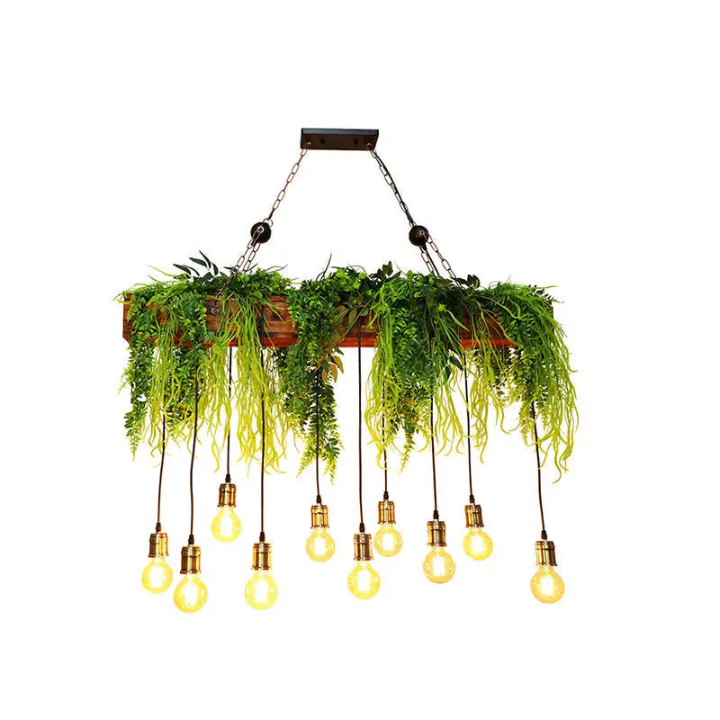 Rustic wooden planter chandelier with faux green fern deco and hanging e26 e27 edison bulbs fixture width visible