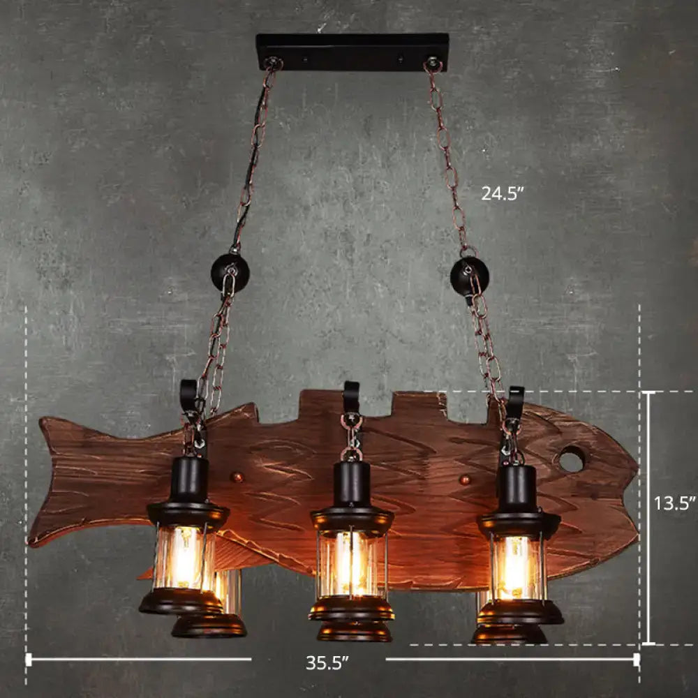 DecorBites™ country style wooden fish pendant light with three black e26 e27 glass lanterns hanging from chains