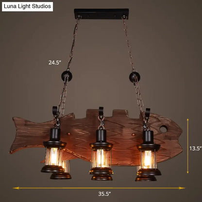 DecorBites country style 6-bulb glass lantern island pendant light with wooden fish design and e26 e27 sockets