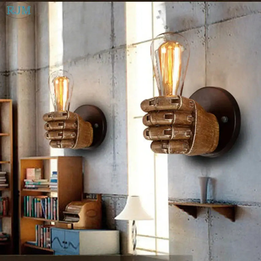 Rustic wooden hand model wall lamp in a living room vintage light design featuring a glowing filament bulb wall lamp