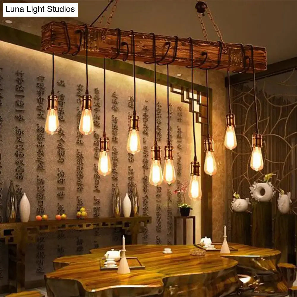 DecorBites stylish linear dining room ceiling fixture with rustic wooden beam and exposed Edison bulb base lighting