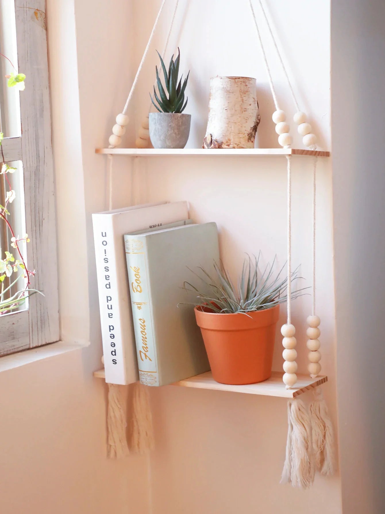 Rustic Wooden Wall Shelf with Hanging Plant Storage