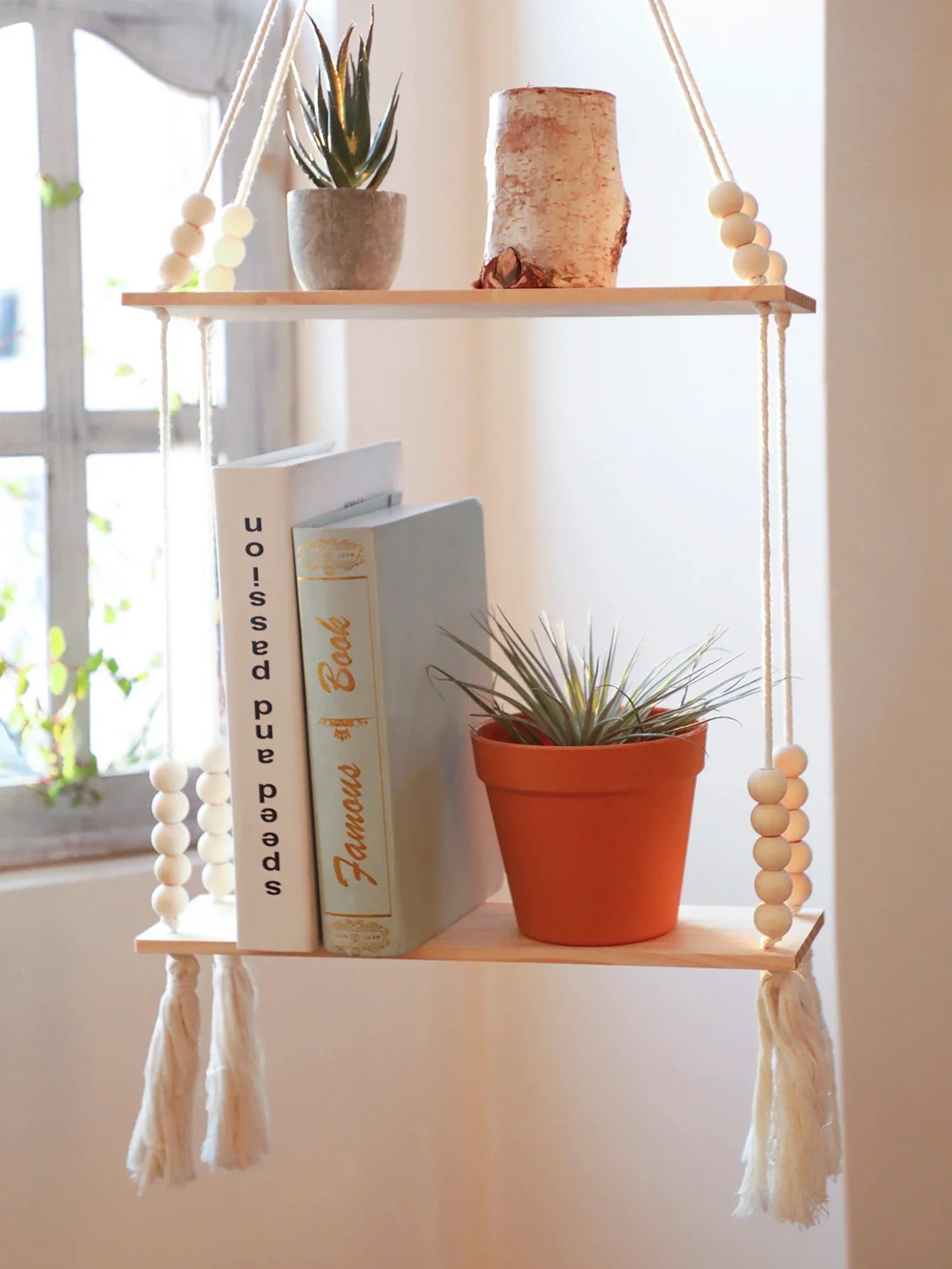 Rustic Wooden Wall Shelf with Hanging Plant Storage
