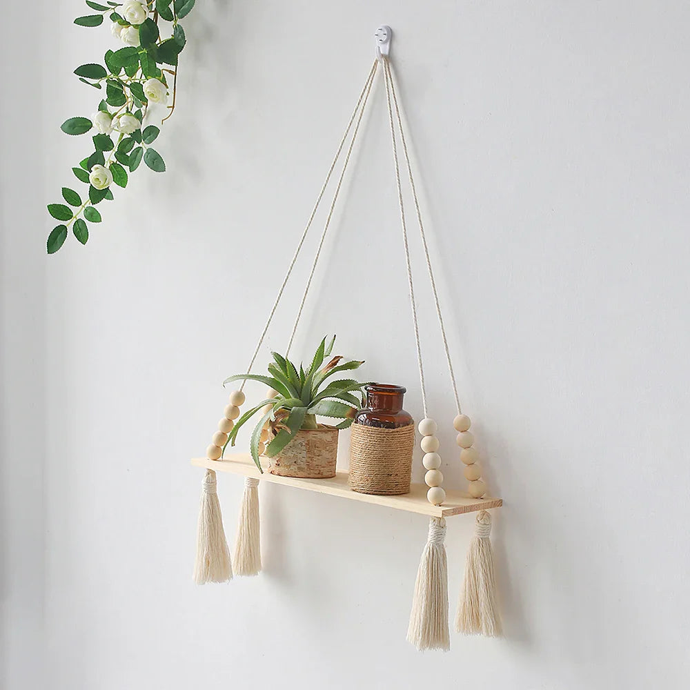 Rustic Wooden Wall Shelf with Hanging Plant Storage