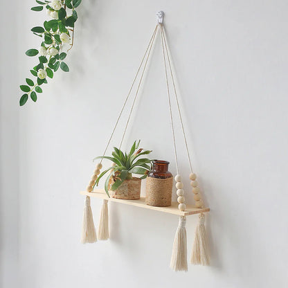 Rustic Wooden Wall Shelf with Hanging Plant Storage
