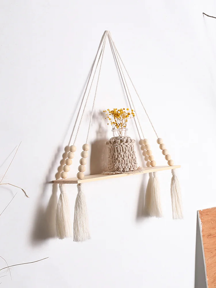 Rustic Wooden Wall Shelf with Hanging Plant Storage